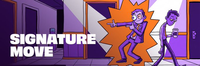 This cartoon depicts a man with a "signature move" of pointing fingers like a gun, contrasting with another man looking tired and walking away with coffee. The image visually represents a decisive, perhaps impulsive, action versus a jaded, over-it attitude.