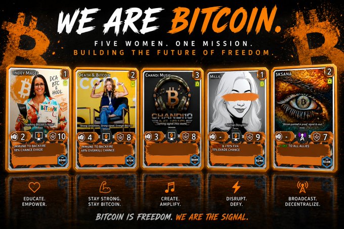 The image features a poster with five different cards, each representing a woman who has contributed to Bitcoin's development. The cards are arranged in a row, showcasing the women's involvement in shaping the future of Bitcoin. The text "We Are Bitcoin" is prominently displayed at the top of the poster, and the phrase "Five Women, One Mission: Building the Future of Freedom" is written below it.