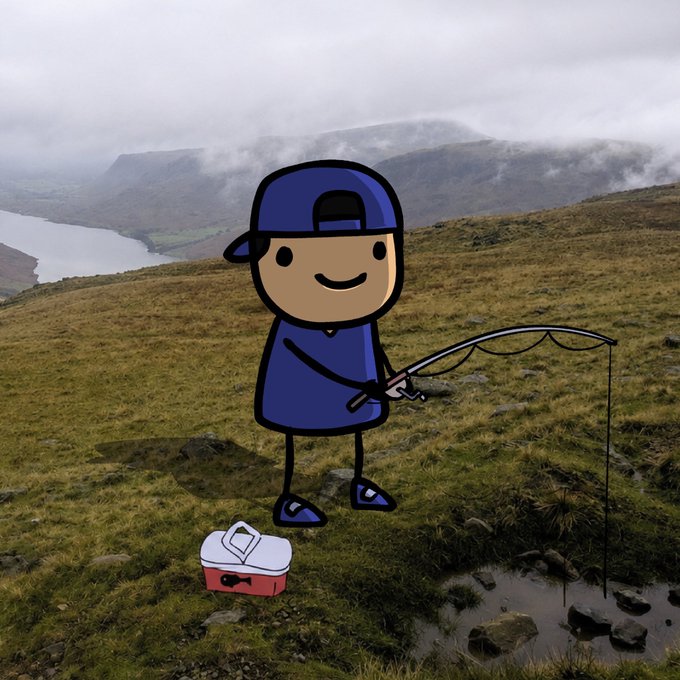 A cartoon stick figure in a blue cap and shirt stands on a foggy hillside fishing rod in hand, with a red tackle box at his feet and a lake visible in the misty background. The image humorously suggests that the "fishing" for news about a migration announcement is patiently underway.