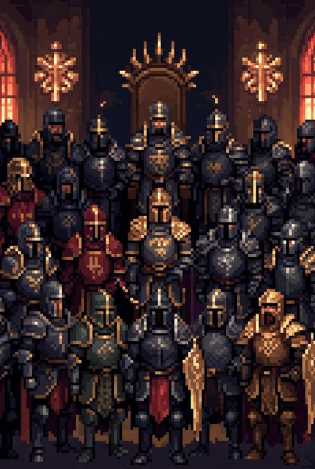 Pixel art illustration depicting an army of medieval knights in ornate armor and helmets, led by a crowned figure on a throne with a halo, set against a dark gothic cathedral backdrop.