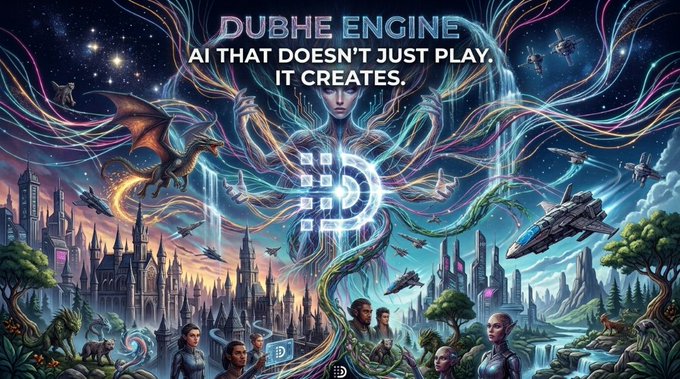 A promotional graphic for 'DUBHE ENGINE - AI THAT DOESN'T JUST PLAY. IT CREATES.', showing a fantasy sci-fi scene with a central ethereal figure, dragons, futuristic cities, and spaceships.