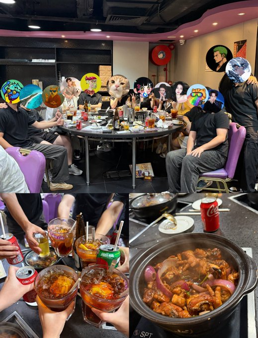 A group of friends gathers around a restaurant table for a meal, with faces covered by cartoon stickers; the collage includes images of Coca-Cola drinks, cocktails, and a hotpot dish.