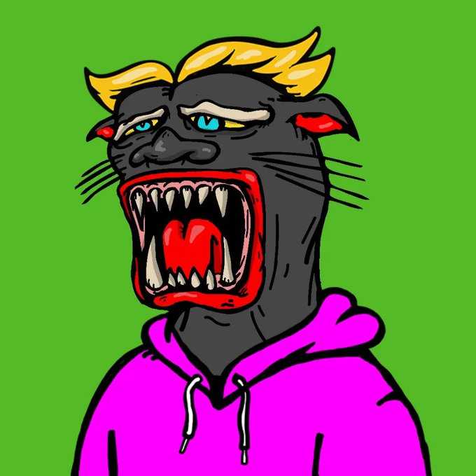 A cartoon illustration of a black panther with yellow hair and a purple hoodie baring its sharp teeth against a bright green background.