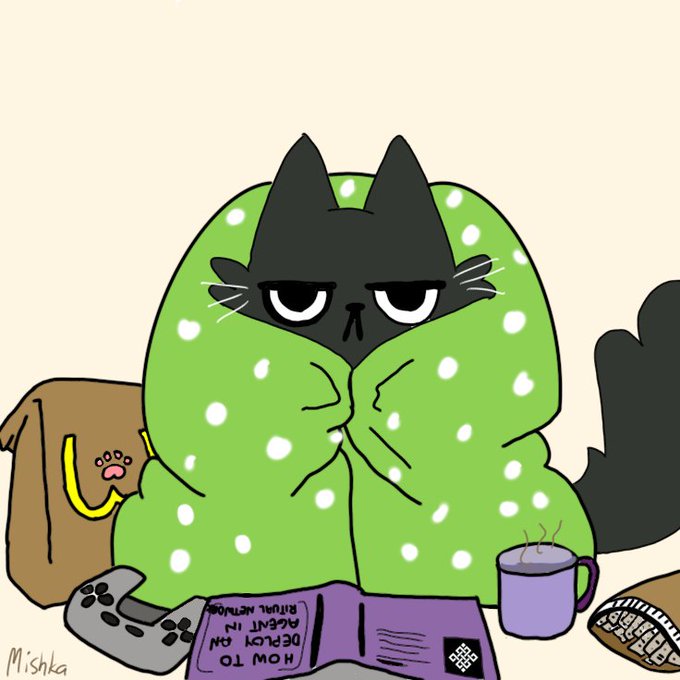 An illustration of a grumpy-looking black cat wrapped in a green polka-dot blanket, sitting near a mug and a bag with the text 'HOW TO DEPLOY AN AGENT IN RITUAL NETWORK.'