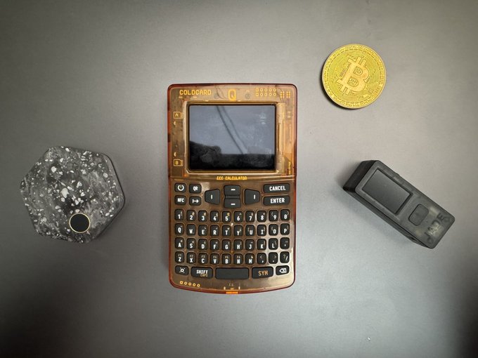 A translucent "COLDCARD" crypto hardware wallet with a QWERTY keyboard sits next to a gold Bitcoin coin, a small rugged device, and a textured metallic object. The image illustrates the post's criticism of "Bitcoin-only" hardware wallet branding, showing a Coldcard—which heavily markets itself to Bitcoin maxis—alongside alternative multi-asset devices that users are "missing out on."