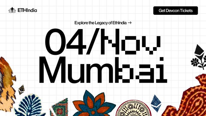 Promotional graphic for ETHIndia's one-day conference in Mumbai on November 4, featuring bold "04/Nov Mumbai" text on a grid background decorated with traditional Indian textile patterns, alongside the ETHIndia logo and a "Get Devcon Tickets" button.