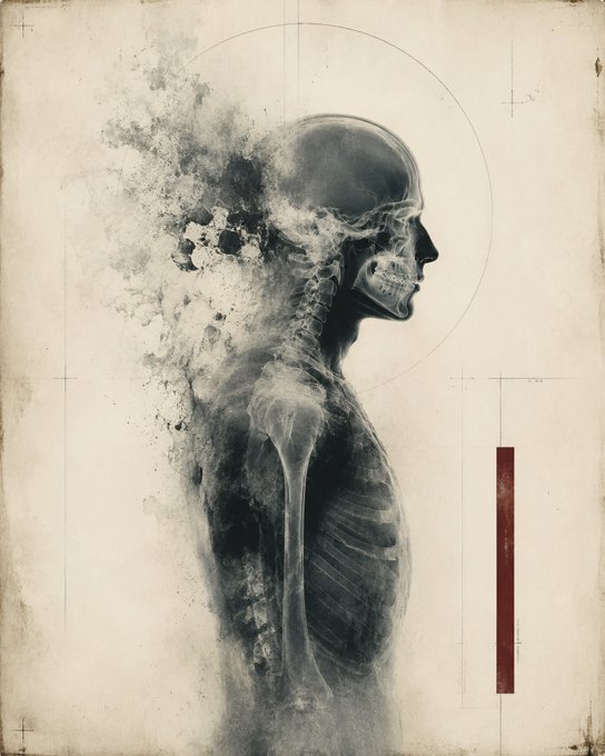 A vintage-style X-ray illustration showing a side profile of a human skull and ribcage, with the back of the head appearing to disintegrate into dark splatters and clouds against an aged parchment background.