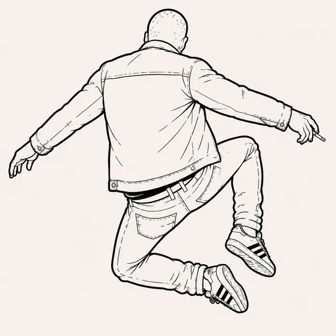 A black-and-white line drawing depicts a bald man from behind, wearing a jacket, jeans, and Adidas sneakers, in a dynamic crouching pose with his arms outstretched.