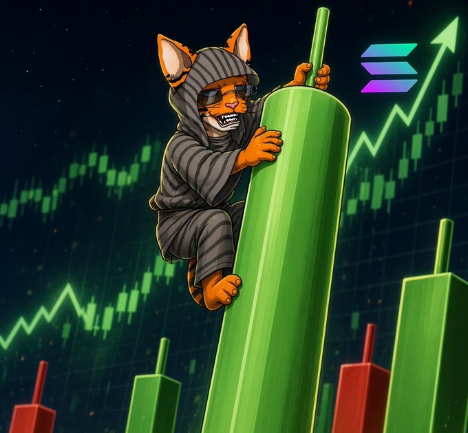 A cartoon tiger in a striped hoodie and sunglasses climbs a towering green candlestick amid a rising crypto chart, with the Solana logo glowing in the upper right corner—visually capturing the post's theme of SOL's bullish momentum, including faster mainnet slot times, $4B in RWAs, and record ETF inflows.