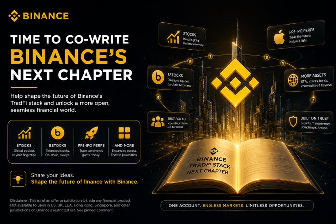 A Binance promotional graphic titled "TIME TO CO-WRITE BINANCE'S NEXT CHAPTER" featuring the text "BINANCE TRADFI STACK NEXT CHAPTER" and highlighting features like Stocks, Bstocks, Pre-IPO Perps, and More Assets, with the disclaimer "Not available to users in US, UK, EEA, Hong Kong, Singapore."