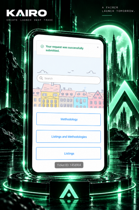 A promotional graphic for 'KAIRO' featuring a smartphone interface displaying 'Your request was successfully submitted' with options for 'Methodology', 'Listings and Methodologies', and 'Listings', along with a Ticket ID: 1458904.