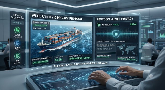A futuristic digital dashboard displaying 'WEB3 UTILITY & PRIVACY PROTOCOL' with shipment tracking details and 'PROTOCOL-LEVEL PRIVACY' for BeldexCoin ($BDX), emphasizing the pairing of RWA and privacy.