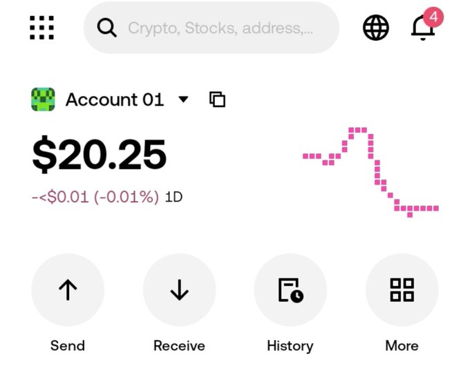A crypto wallet app screenshot showing an account balance of $20.25 with a sparkline graph displaying a sharp dip, featuring buttons for Send, Receive, History, and More.