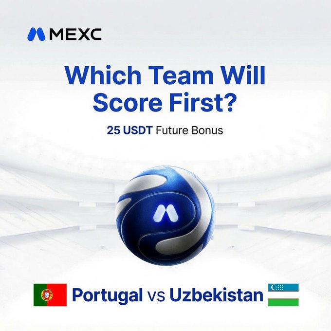 The image shows a soccer ball with two flags - one representing Portugal and another representing Uzbekistan. Below these, there is text that says "which team will score first? 25 USDT future bonus", indicating that people are predicting which team will score the first goal in this soccer match between Portugal and Uzbekistan.