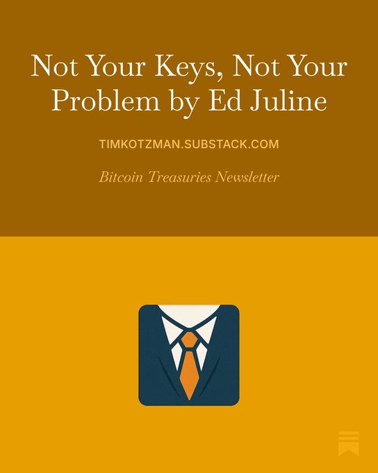 This image is a newsletter cover titled "Not Your Keys, Not Your Problem by Ed Juline" from TimKotzman.Substack.com's "Bitcoin Treasuries Newsletter," featuring an icon of a suited figure with an orange tie on a mustard-yellow background—visually representing the concept of responsibility and protection central to the article's theme about cryptocurrency custody.