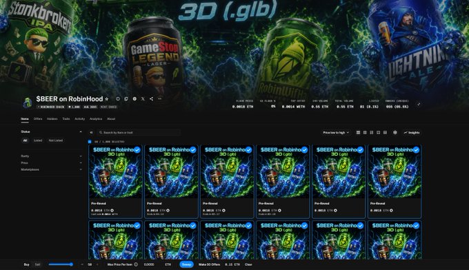 Screenshot of a digital asset marketplace (looks like Magic Eden) displaying a listing for '$BEER on RobinHood 3D (aeb)' with multiple identical NFT items shown in the collection, including artwork for 'GameStop LEGEND', 'RobinHood', and 'LIGHTNING ALE'.