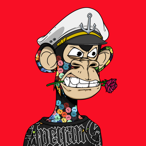 A cartoon monkey wearing a naval captain's hat and a "Bored" Ape-style shirt grins while biting a rose, set against a red background. The image, likely representing the Bored Ape Yacht Club NFT aesthetic, pairs with the post's morning greeting to introduce a discussion on Beldex ($BDX) and its privacy-focused multi-output transaction technology.