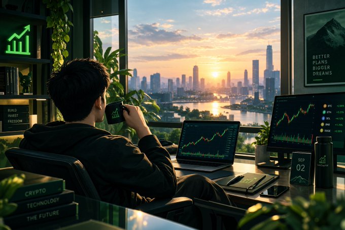 A man sits at a desk drinking from a mug while looking out a window at a sunset cityscape, with a laptop displaying a rising stock chart, a monitor showing crypto data, and books labeled 'CRYPTO', 'TECHNOLOGY', and 'THE FUTURE'.