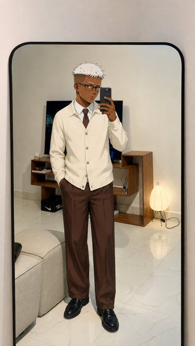 A mirror selfie of an anime-style character with white hair and glasses, wearing a cream cardigan, tie, and brown trousers in a modern living room.