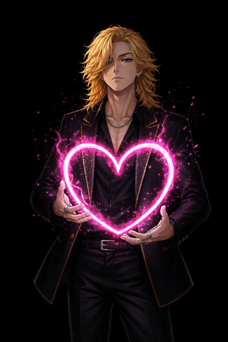 An anime-style illustration of a blonde-haired man in a black suit holding a glowing pink heart between his hands, with sparkles emanating from it against a dark background.
