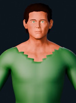 A 3D digital render of a muscular man with short brown hair, wearing a green shirt with a jagged neckline, set against a dark blue background.
