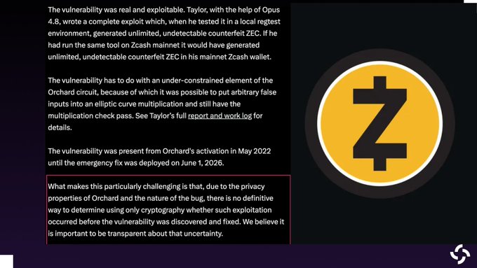 The image shows a purple background with a yellow $ZEC logo, which is part of a presentation slide about a vulnerability in the cryptocurrency system. The text on the slide explains that the vulnerability was exploited by a group called @ShieldedLabs, who claimed that the vulnerability allowed for an unlimited number of counterfeit ZECs to be generated before it could be fixed. This information suggests that the vulnerability has been identified and is being addressed by the cryptocurrency community.