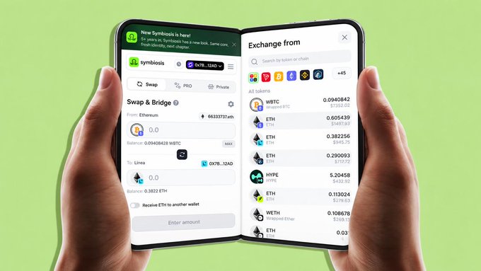 The image shows two iPhones held side by side displaying the Symbolosis crypto wallet app, with the left phone showing a "Swap & Bridge" screen for 0.0 WBTC to 0.0 ETH on Ethereum to Linea (balance 0.3822 ETH), while the right phone displays an "Exchange from" token selector list including wrapped BTC (WBTC), ETH, HYPE, and WETH tokens—visually reinforcing the "iPhone Duo" concept of a seamless, dual-screen swap and bridge experience for crypto users.