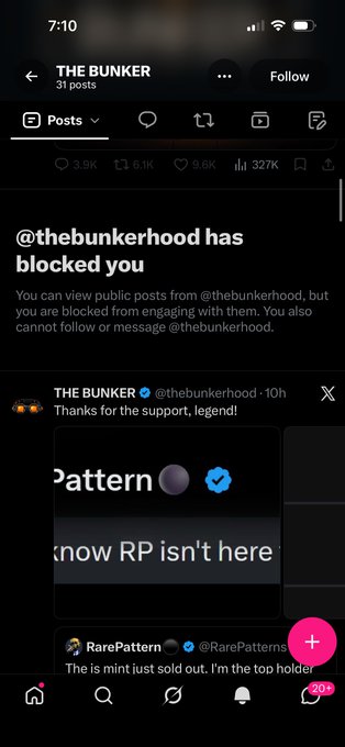 A screenshot of a Twitter/X profile for 'THE BUNKER' (@thebunkerhood) showing a message that the account has blocked the viewer, along with a recent post thanking them for support.