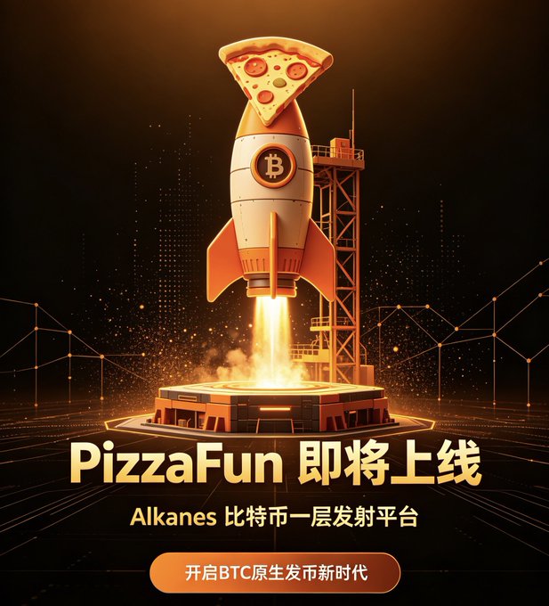 A promotional graphic for 'PizzaFun' showing a rocket with a pizza slice nose cone and Bitcoin logo launching from a pad, with Chinese text reading 'Alkanes 比特币一层发射平台' and '开启BTC原生发币新时代'.