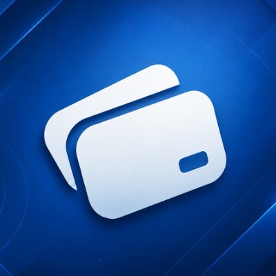 A white credit card or payment card icon displayed on a glossy blue background with curved light streaks.