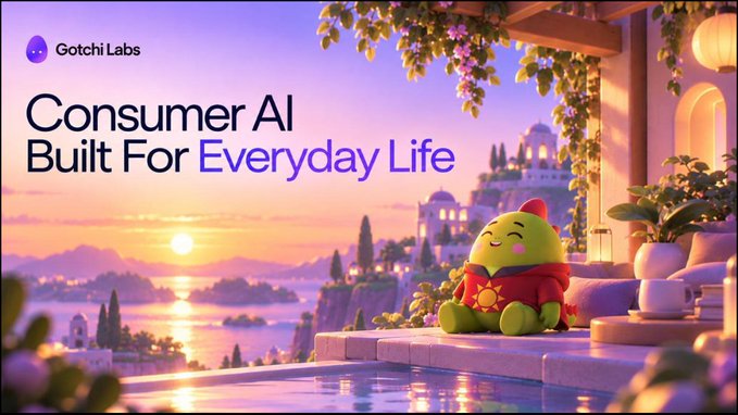 A colorful promotional banner for "Gotchi Labs" featuring the tagline "Consumer AI Built For Everyday Life" alongside a cute green mascot character in a red hoodie sitting by a pool at sunset, with the note's focus on the Sleepagotchi and Dinogotchi ecosystem and the $CHI token matching the Gotchi Labs branding and mascot style shown.