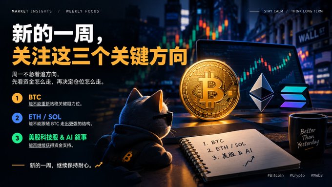 A Chinese-language crypto market insights graphic titled '新的一周，关注这三个关键方向' (New week, focus on these three key directions) featuring a cat with sunglasses, Bitcoin and Ethereum logos, and a notebook listing 1. BTC, 2. ETH/SOL, 3. 美股 & AI (US stocks & AI).