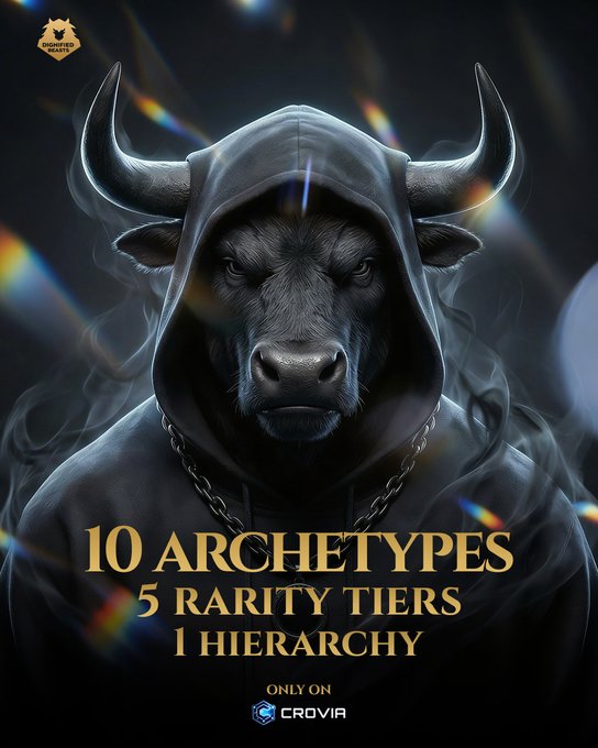 A dark, hooded bull with piercing eyes and a chain necklace dominates the image, set against a smoky background with prismatic light flares. The gold text reads "10 ARCHETYPES, 5 RARITY TIERS, 1 HIERARCHY" with "ONLY ON CROVIA" at the bottom, visually reinforcing the post's message about collection hierarchy and rarity in the Crovia NFT project.