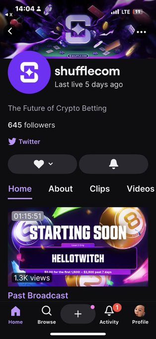 A screenshot of a mobile app profile page for 'shufflecom' with the description 'The Future of Crypto Betting', showing 645 followers and a featured video titled 'STARTING SOON' with '1.3K views'.