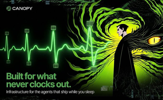 A dark green and black promotional graphic for "CANOPY" shows a hooded man beside a yellow reptilian eye and a heart-rate-style waveform, with the tagline "Built for what never clocks out. Infrastructure for the agents that ship while you sleep."