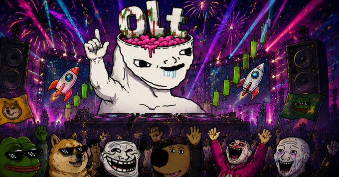 Vibrant meme-style illustration of an 'alt' character DJing at a concert with fireworks, speakers, rockets, and a crowd of meme characters (Doge, Pepe, Wojak, etc.) celebrating.