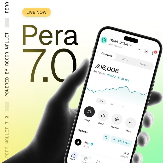 A promotional graphic for 'Pera 7.0' powered by Rooca Wallet, displaying a smartphone showing a crypto wallet interface with an Algo balance and 'LIVE NOW' in the corner.