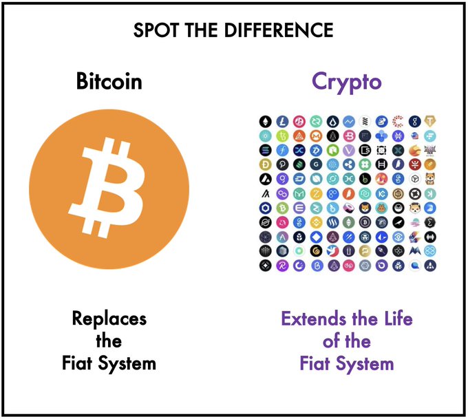An infographic titled 'SPOT THE DIFFERENCE' contrasting 'Bitcoin' (described as 'Replaces the Fiat System') with 'Crypto' (described as 'Extends the Life of the Fiat System'), showing various cryptocurrency logos.