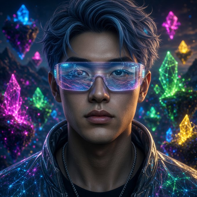 A digital artwork of a young man with blue hair wearing futuristic visor-style glasses, set against a background of colorful glowing crystals.