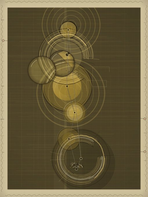 An abstract digital artwork featuring overlapping translucent golden circles arranged vertically on a dark olive background with a grid pattern, framed by a decorative cream border with scalloped edges.