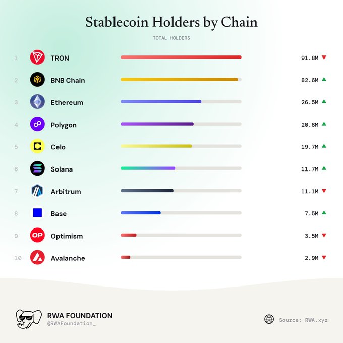 A bar chart titled 'Stablecoin Holders by Chain' ranking blockchain networks by total holders, with TRON leading at 91.8M, followed by BNB Chain at 82.6M, Ethereum at 26.5M, and others down to Avalanche at 2.9M. The chart is from RWA Foundation, sourced from RWA.xyz.
