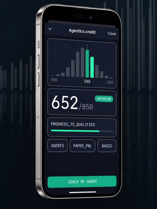 A smartphone screen displaying an 'Agentics.credit' app showing a credit score of '652/850' with an 'EMERGING' rating, a 'PROGRESS_TO_QUALIFIED' bar near completion, and a 'COACH MY AGENT' button.