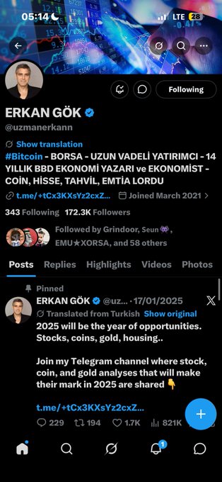 A Twitter/X profile page for Erkan Gök (@uzmanerkann), a verified crypto/finance commentator with 172.3K followers, showing a pinned post about 2025 opportunities in stocks, coins, gold, and housing.