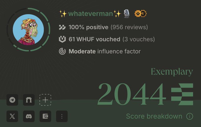 The image displays an Ethos Network social card for "whateverman," featuring a 100% positive rating with 956 reviews, 61 WHUF vouched across 3 vouches, and a moderate influence factor, culminating in an "Exemplary" score of 2044. The accompanying post reflects pride in this social card while noting that despite the perfect rating, three negative reviews were left by "clowns" who were subsequently blocked, emphasizing personal peace as a form of utility.