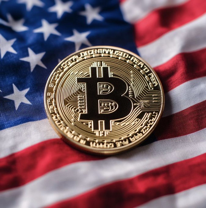 A golden Bitcoin coin rests on an American flag, with inscriptions like "DECENTRALIZED" and "BITCOIN" visible around its edge, symbolizing the potential U.S. government embrace of cryptocurrency discussed in the accompanying post about White House policy considerations.