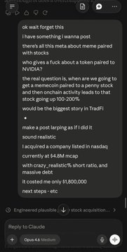 A tweet screenshot showing a post listing various financial achievements—including a $4.8M mcap company, 1,600,000% ROI, and "the biggest story in TradFi"—which the accompanying caption identifies as an obvious "larp" (fake/bragging post) due to the implausible SEC reporting violations it would entail.