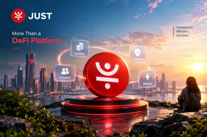 Promotional graphic for JUST, labeled 'More Than a DeFi Platform,' featuring a cityscape backdrop with icons for Lending, Transparent, Inclusive, and Efficient attributes, plus the tagline 'Transparent. Efficient. Inclusive.'