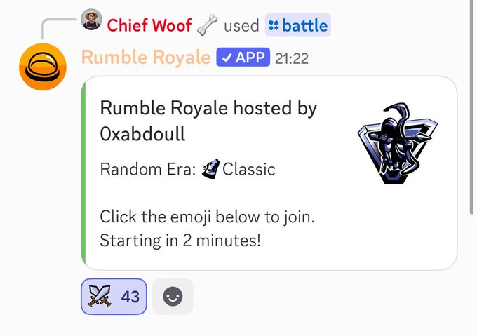 A Discord message from 'Chief Woof' who used the 'battle' command. The bot 'Rumble Royale' announces 'Rumble Royale hosted by Oxabdoull,' 'Random Era: Classic,' and 'Starting in 2 minutes!' with 43 reactions on the crossed-swords emoji.