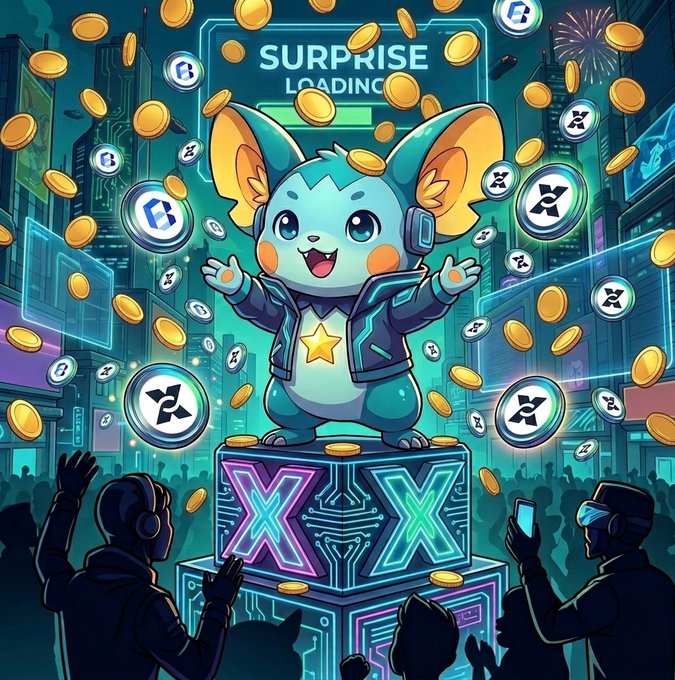 A cheerful blue cartoon creature wearing headphones stands triumphantly on a neon-lit pedestal emblazoned with glowing "XX" symbols, showered by golden coins and crypto tokens in a vibrant futuristic cityscape, while a "SURPRISE LOADING" screen glows behind it — perfectly capturing the post's hype about an upcoming launch and the chance to boost X Sprite earnings by up to 300%.