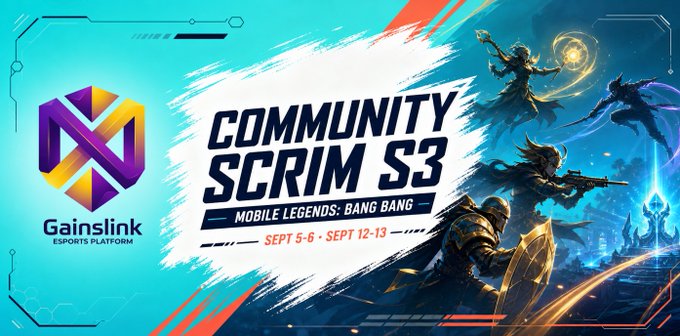 A promotional banner for 'COMMUNITY SCRIM S3' Mobile Legends: Bang Bang esports event hosted by Gainslink Esports Platform, scheduled for Sept 5-6 and Sept 12-13, featuring fantasy character artwork.